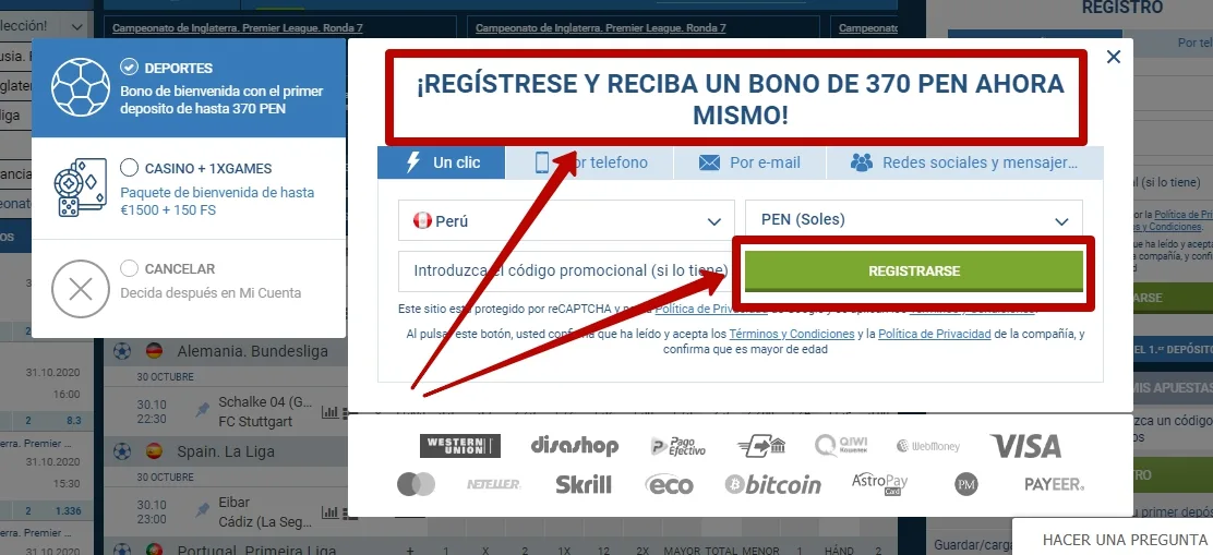 Registrarse de un clic 1xBet