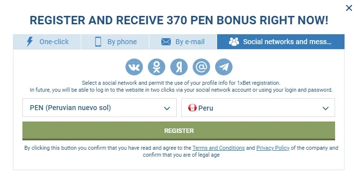 Registro por redes sociales 1xBet
