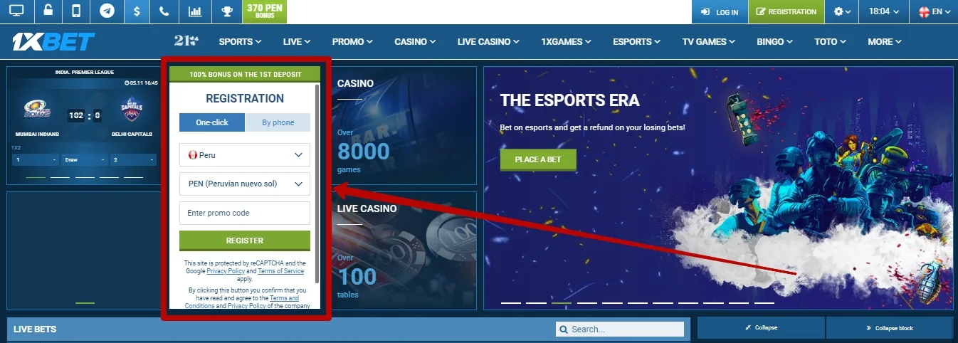 1xBet registration en Perú